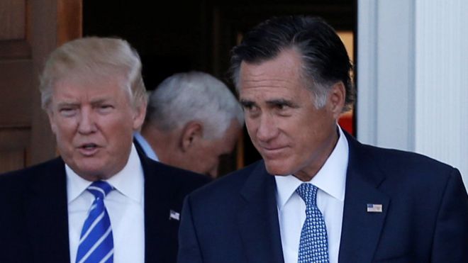 Donald Trump with Mitt Romney after their meeting in New Jersey, 19 November