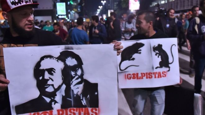 People protest against Brazilian acting president Michel Temer in Sao Paulo, Brazil on May 17, 2016.
