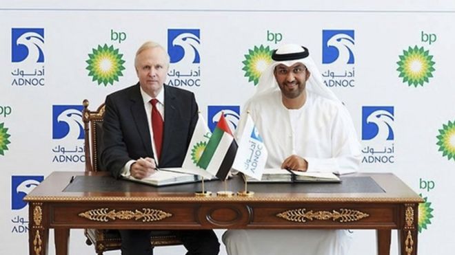 Sultan Ahmed Al Jaber, right, ADNOC Group Chief Executive Officer and Bob Dudley, BP Group Chief Executive