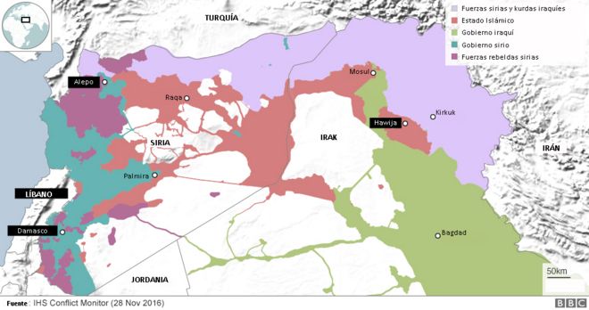 Mapa que muestra la ocupación de Estado Islámico y otras fuerzas en Medio Oriente.