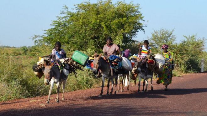 Villagers riding on donkey back