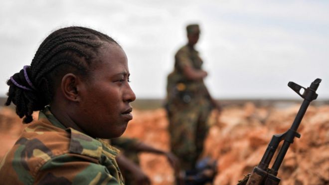 Ethiopian solider holds a gun in Somalia