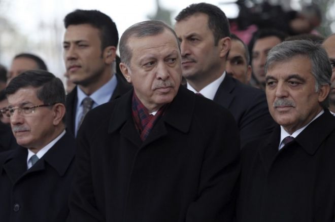 Turkey's President Recep Tayyip Erdogan, centre, former president Abdullah Gul, right, and former prime minister Ahmet Davutoglu, left, attend funeral prayers for Korkut Ozal, 87, a former Turkish government minister and brother of Turkeys late president Turgut Ozal, at Fatih Mosque in Istanbul, on 4 November 2016.