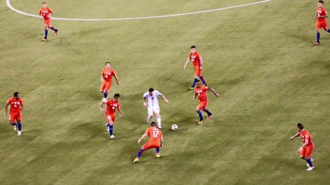Messi Rodeado de nueve jugadores de Chile.