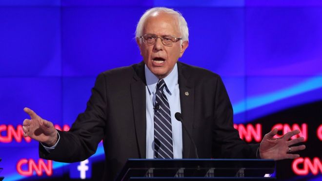 Bernie Sanders onstage at the Las Vegas debate on Tuesday evening