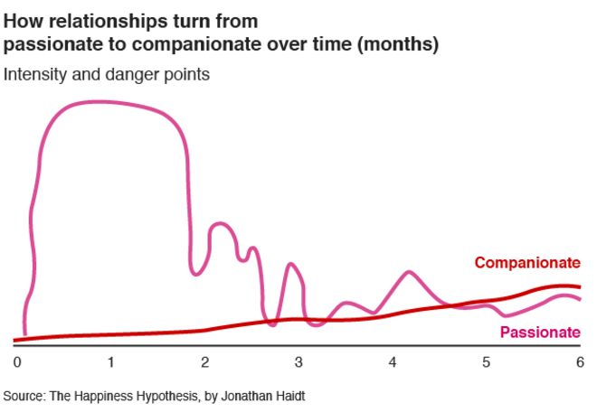 How relationships turn from passionate to companionate over time - graph