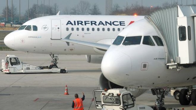 Air France planes on the tarmac at Roissy Charles de Gaulle airport on March 18, 2015