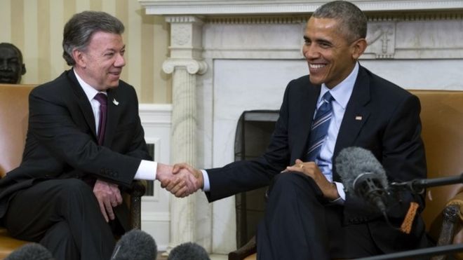 President Juan Manuel Santos and President Obama at the White House