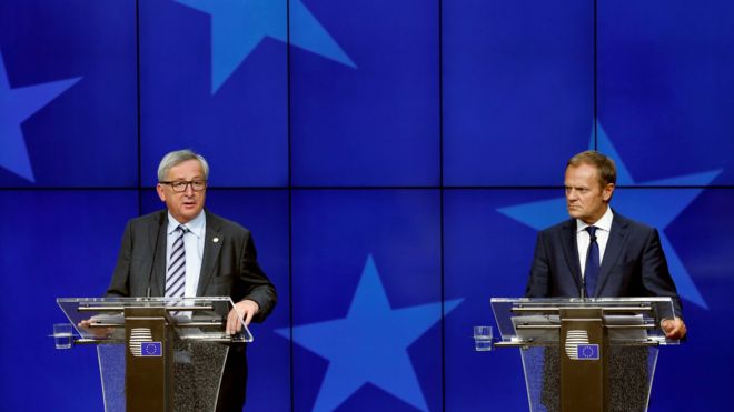European Commission President Jean-Claude Juncker and European Council President Donald Tusk (R) address a joint news conference on the second day of the EU Summit in Brussels, Belgium, June 29, 2016