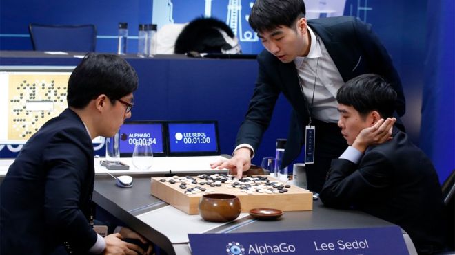 Lee Se-dol, right, reviews the match with other professional Go players on 13 March, 2016