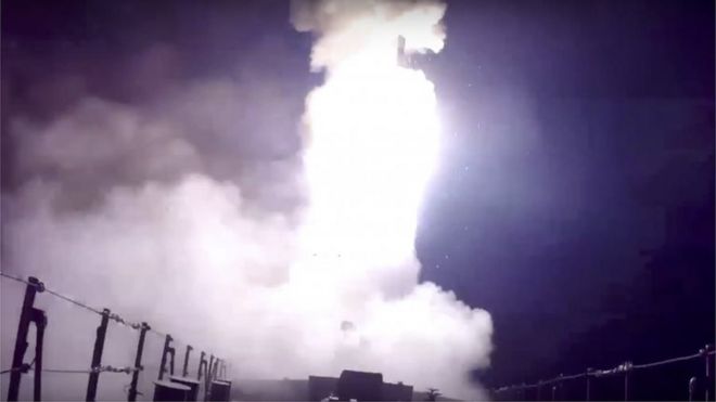 Screen grab taken from video of Russian navy ship launching a cruise missile in the Caspian Sea. on 7 October 2015
