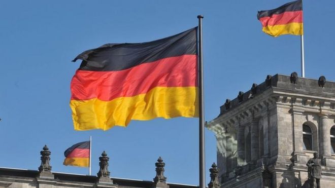 German flags in front of the Reichstag
