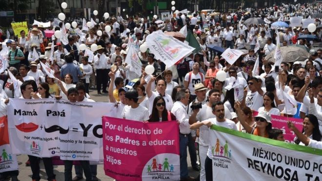 Members of the National Front for the Family marched in Mexico City to protest President Enrique Pena Nieto"s initiative to legalize gay marriage