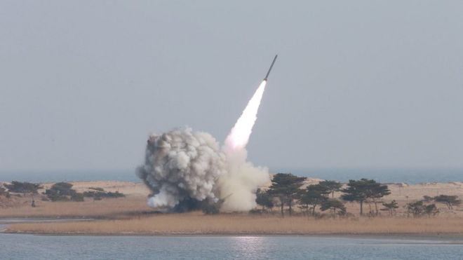 A multiple launch rocket system is test fired in this undated photo released by North Korea's KCNA agency. Photo: 4 March 2016