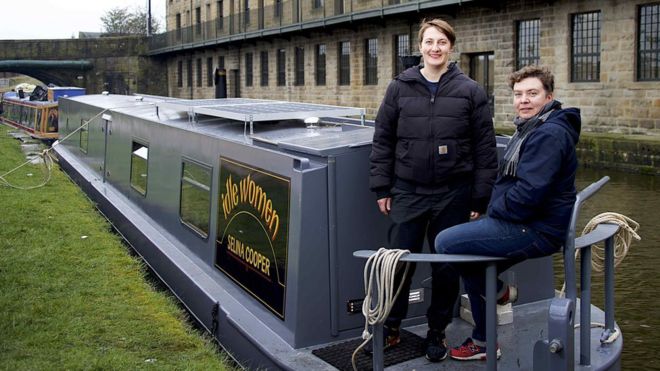 Rachel and Cis on narrowboat