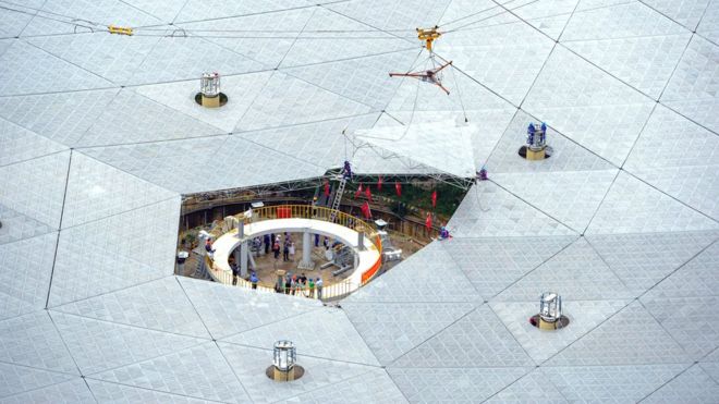 The last panel of China"s world largest radio telescope named "FAST", is installed in Pingtang county, Guizhou Province, China, July 3, 2016.