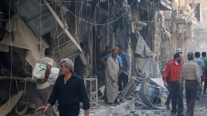 Site in the al-Qaterji district of Aleppo following air strike - 11 October