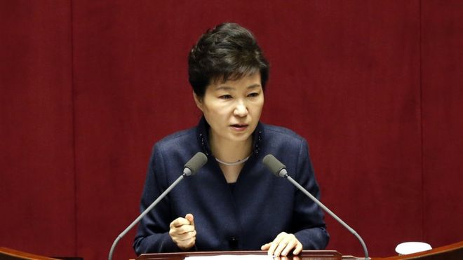 South Korean President Park Geun-hye delivers a speech at the National Assembly in Seoul on Tuesday 16 February