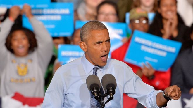 Barack Obama kwenye kampeni kwa niaba ya Hillary Clinton eneo la Greensboro, North Carolina. 11 Oct 2016