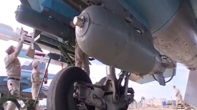 Frame grab of footage showing a Russian SU-34 fighter bomber at Hmeymim airbase in Syria on 30 November 2015