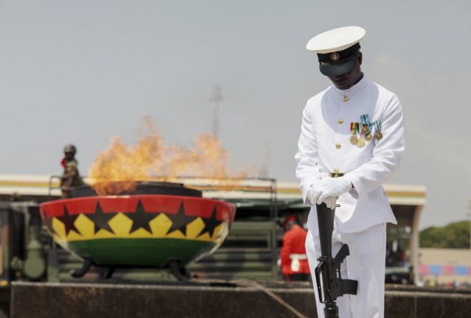 A member of the Ghana navy attends Independence Day celebrations in Accra, Ghana, 06 March 2017.