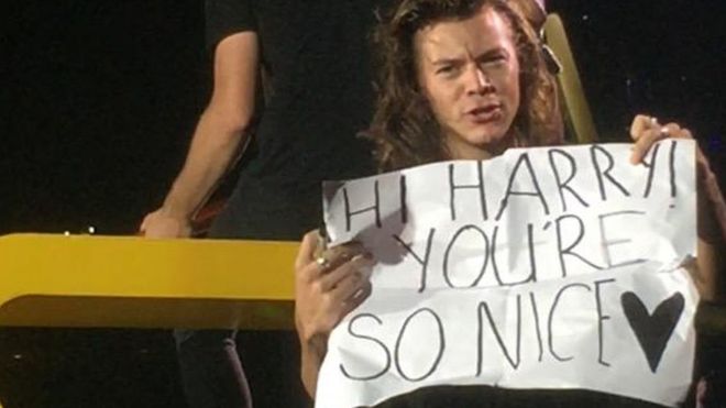 Harry Styles on stage holding up the correctly spelt sign
