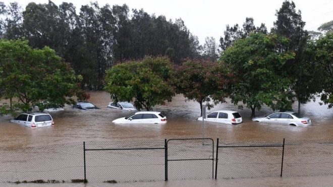 Cars sit in flood waters outside the Robina Hospital on the Gold Coast, Queensland