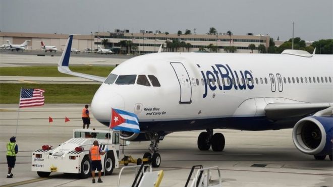JetBlue Flight 386 departs for Cuba on August 31, 2016 from Fort Lauderdale, Florida.