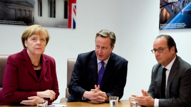 Angela Merkel, David Cameron and Francois Hollande