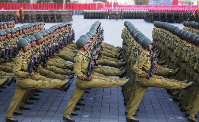 Soldiers marching during the military parade for the 70th anniversary of the founding Workers' Party, Pyongyang, North Korea - Saturday 10 October 2015