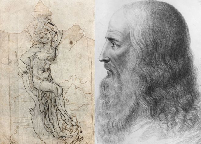 Saint Sebastian drawing by Leonardo da Vinci next to a drawing of the artist