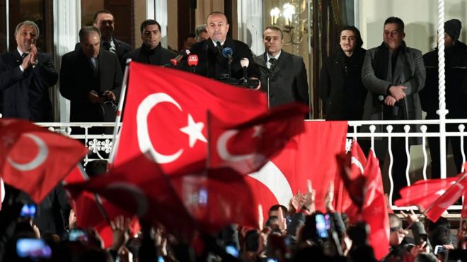 A view of the Turkish consulate after Foreign Minister Mevlut Cavusoglu spoke to supporters of the upcoming referendum in Turkey on 7 March 2017 in Hamburg, Germany