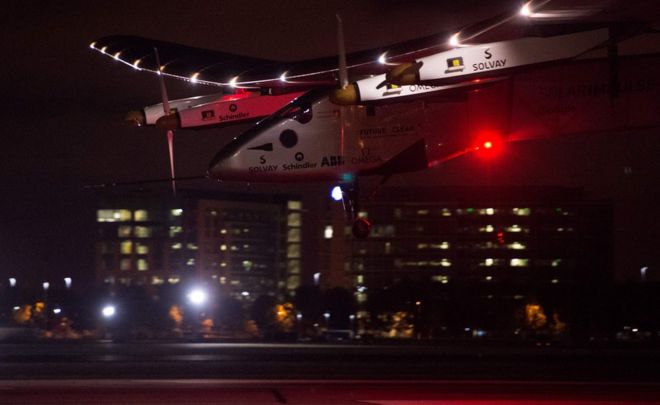 Sola Impulse comes in to land at Moffett Airfield, Mountain View, California, 24 April (GMT)