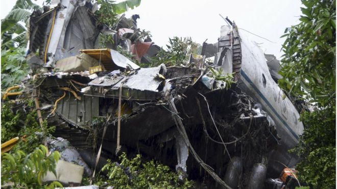 The scene of a cargo airplane that crashed after take-off near Juba Airport in South Sudan