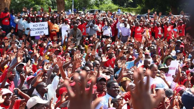 Supporters of the opposition party Movement for Democratic Change (MDC-T) gather during a protest against poverty and corruption, in Harare, Zimbabwe, 14 April 2016