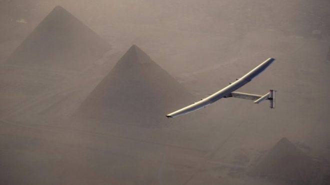 Solar Impulse 2 flies over the pyramids of Giza, Egypt. Photo: 13 July 2016