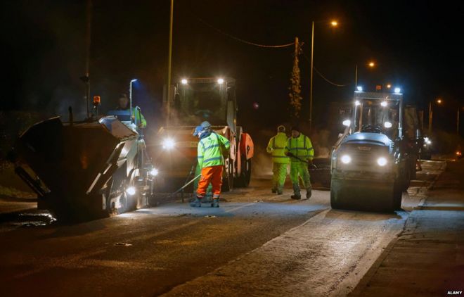 roadworks late at night in Suffolk, UK