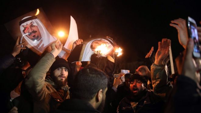 Iranian protesters outside the Saudi embassy in Tehran