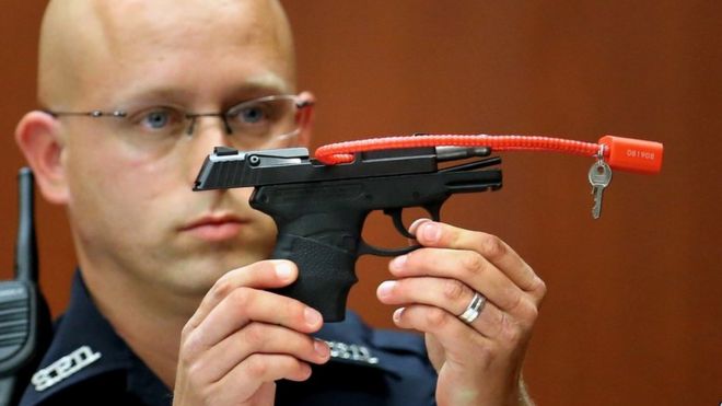 The gun used to kill Trayvon Martin is displayed during Mr Zimmerman's court trial