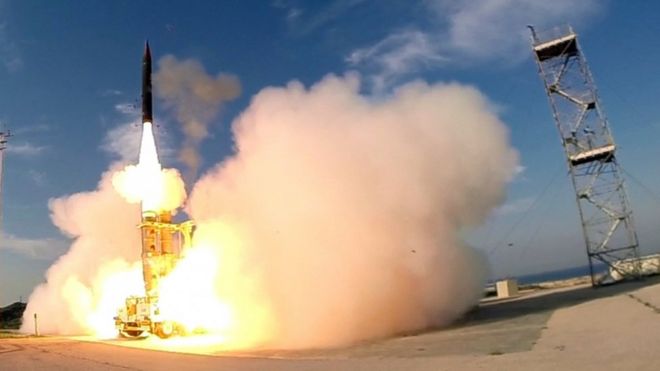 A handout picture released by the Israeli Defence Ministry on 10 December, 2015, shows the launch of an Israeli Arrow 3 missile, at an undisclosed location in southern Tel Aviv