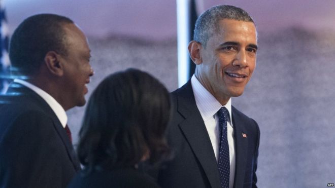 Barack Obama alongside Kenyan President Uhuru Kenyatta at state dinner in Nairobi. 25 July 2015