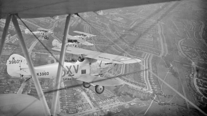 Hawker Harts of 15 Squadron RAF practising for a Hendon air display over London, July 1935