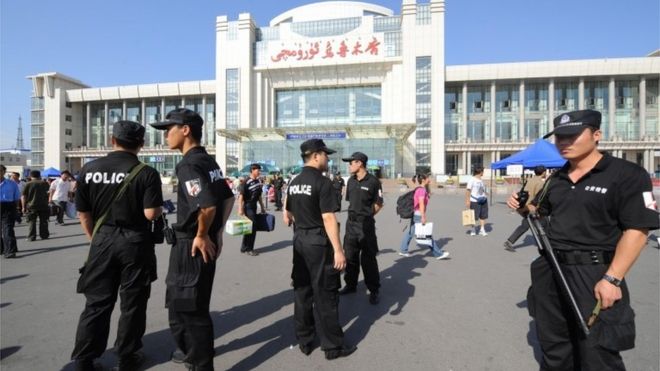 Heavy security in the Xinjiang region. (Photo courtesy of BBC)