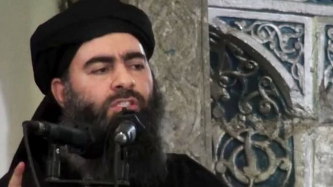 Still from video showing Baghdadi in first video sermon, 4 July 2014