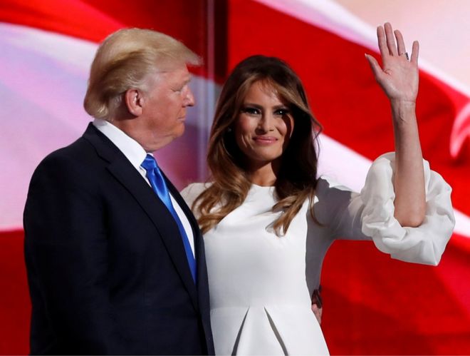 Melania Trump stands with her husband, Republican US presidential candidate Donald Trump, at the Republican National Convention in Cleveland, Ohio, on 18 July, 2016