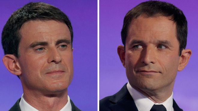 A composite image shows the heads of Manuel Valls left and Benoit Hamon right