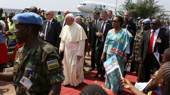 Pope Francis arrives at the international airport in Bangui