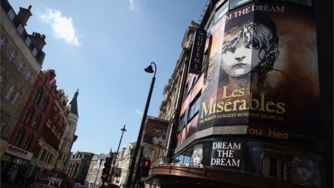 MARCH 19: A sign advertising a musical 'Les Miserables' on Shaftesbury Avenue in the West End on March 19, 2012 in London, England.