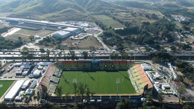 Aerial view of the Olympic Shooting Centre and the Deodoro Stadium