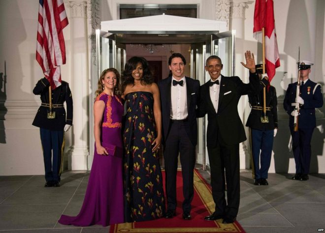 The Obamas and Trudeaus prepare to dine at the White House official state dinner